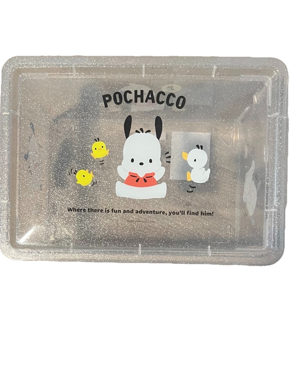 Sanrio Pochacco Clear Glitter Storage Box with Yellow and Red Accents